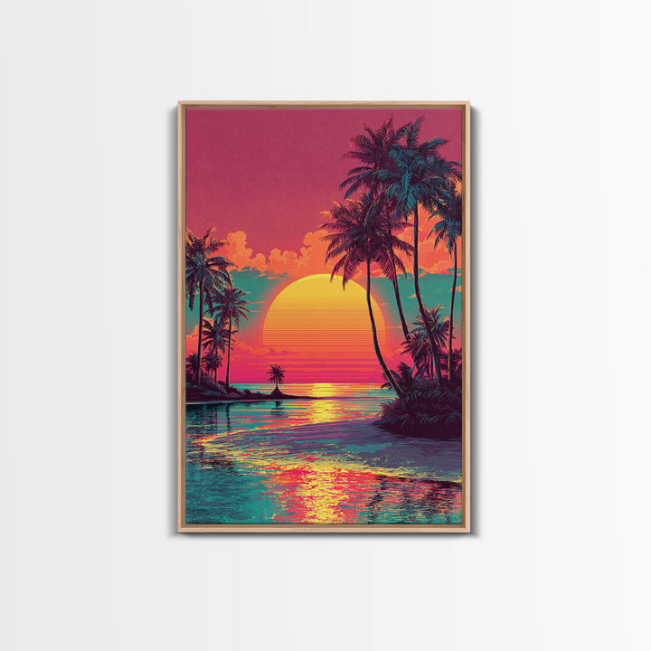 Vibrant Sunset Tropical Landscape With Palm Trees And Ocean View - Framed Canvas Print Coastal Wall Art For Home Decor
