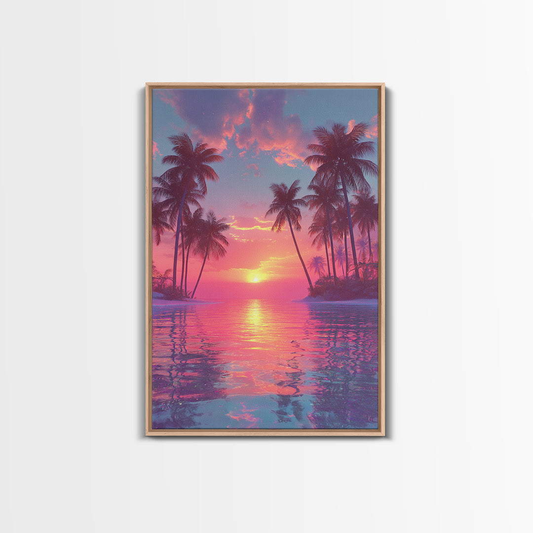 Tropical Sunset Palm Trees Over Water Vibrant Pink And Orange Sky Canvas Print For Modern Wall Art And Home Decor