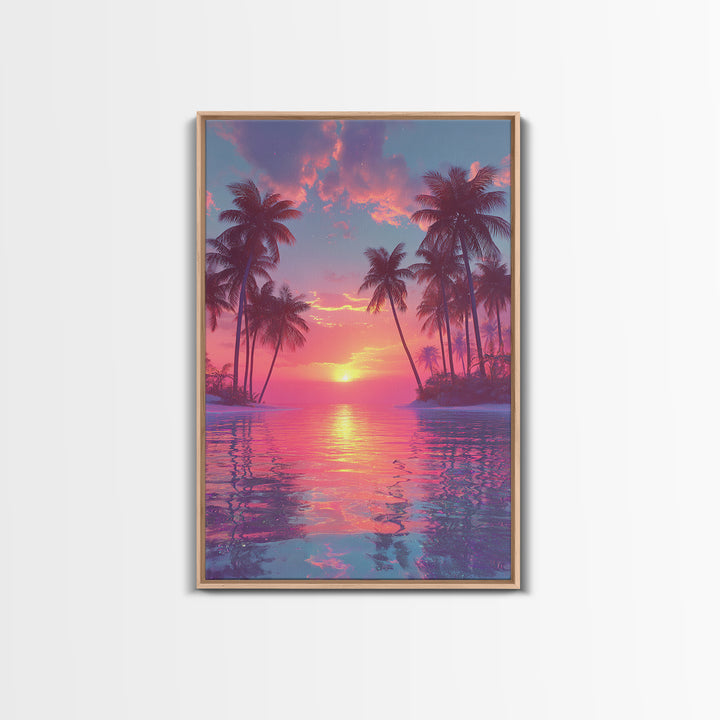 Tropical Sunset Palm Trees Over Water Vibrant Pink And Orange Sky Canvas Print For Modern Wall Art And Home Decor