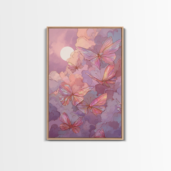 Pink Butterfly Moonlit Clouds Wall Art, Whimsical Nursery Decor, Celestial Art Print, Pastel Girls Room Decor, Gift For Her