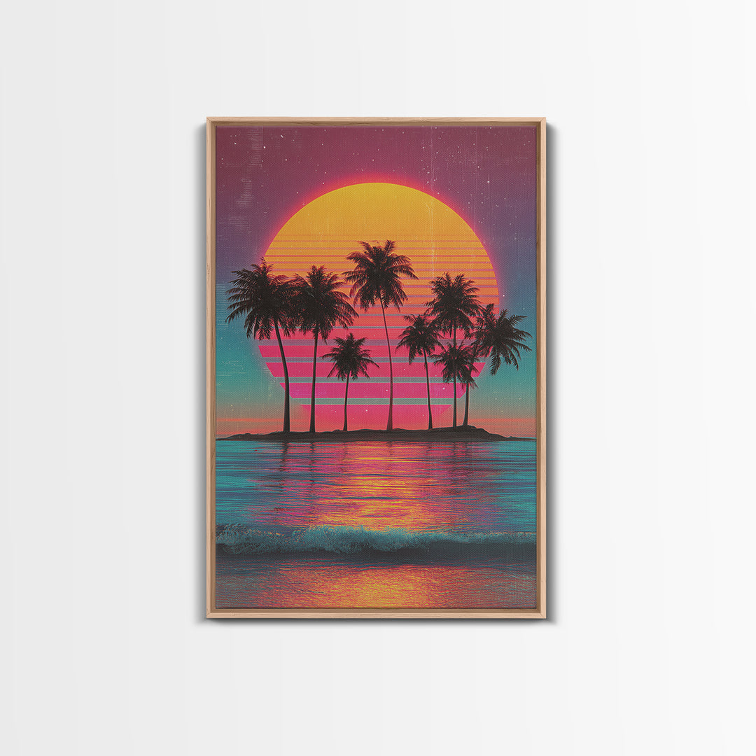 Retro Sunset With Palm Trees Against Gradient Sky Vibrant Framed Canvas Print For Tropical Wall Art And Home Decor