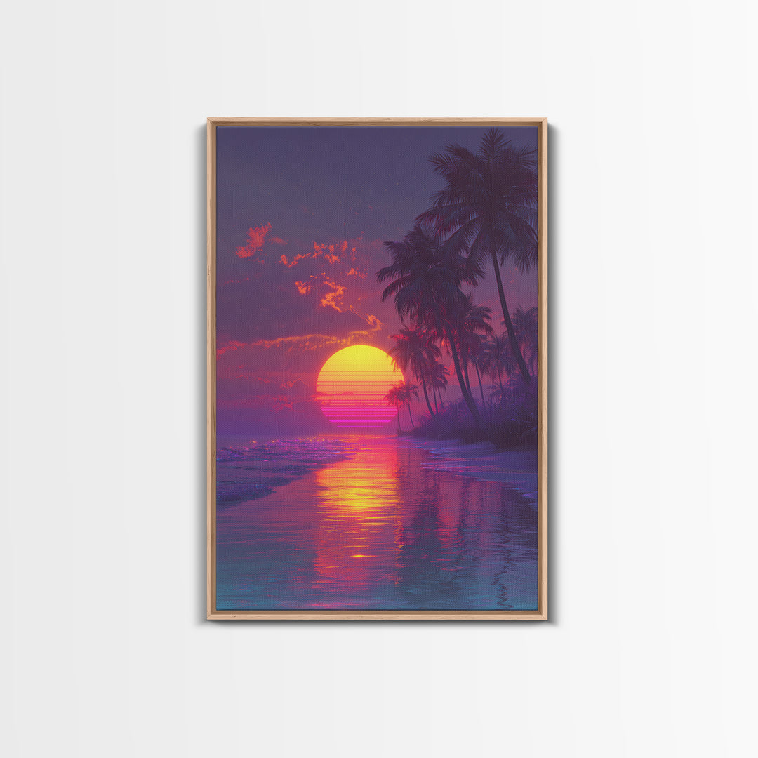 Neon Retro Sports Car At Night With Palm Trees Vibrant Cityscape Large Wall Art Framed Canvas Print Modern Decor