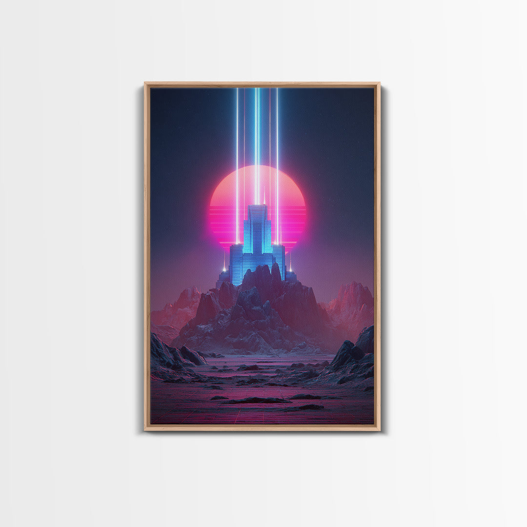 Retro Futuristic Neon Cityscape Digital Art Modern Wall Art Framed Canvas Print For Home Decor