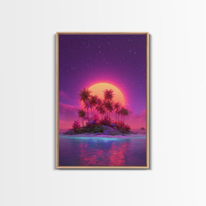 Neon Sunset Tropical Island With Palm Trees Canvas Print Vibrant Wall Art For Coastal Decor And Trendy Home Decor