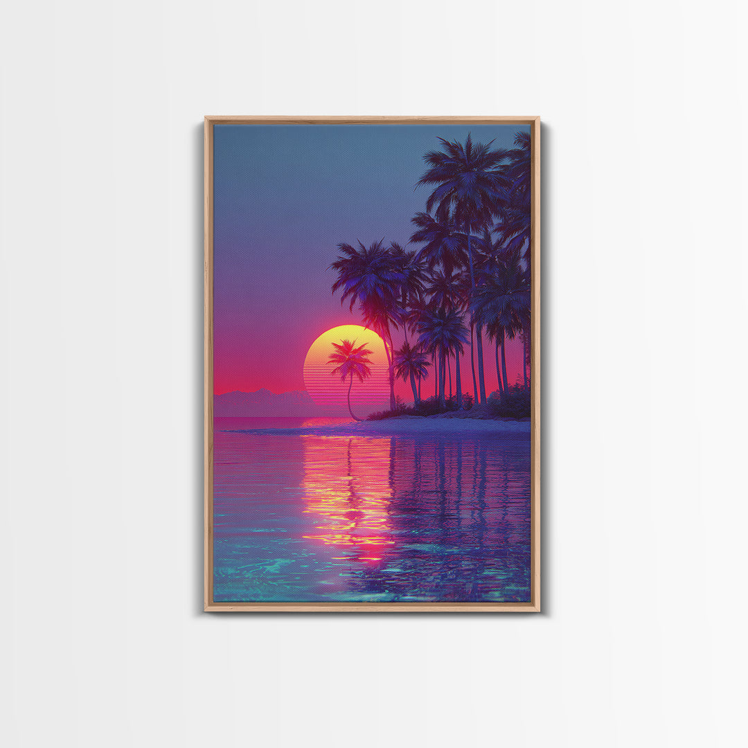 Vaporwave Tropical Sunset With Palm Trees Beach Reflection Canvas Print For Modern Home Decor Wall Art