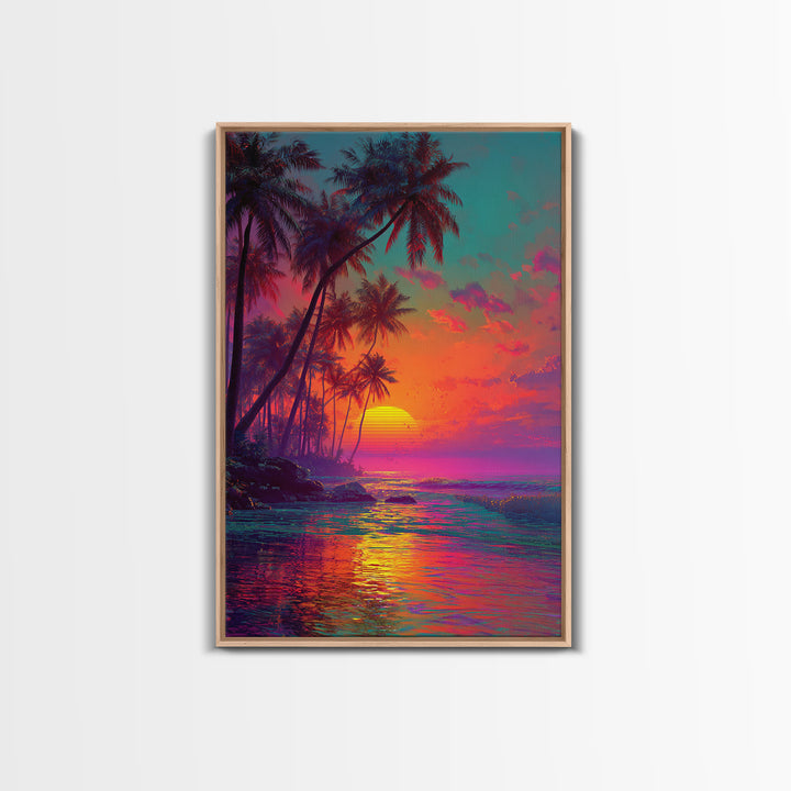 Vibrant Tropical Sunset With Palm Trees Over Ocean Framed Canvas Print Perfect For Coastal Home Decor