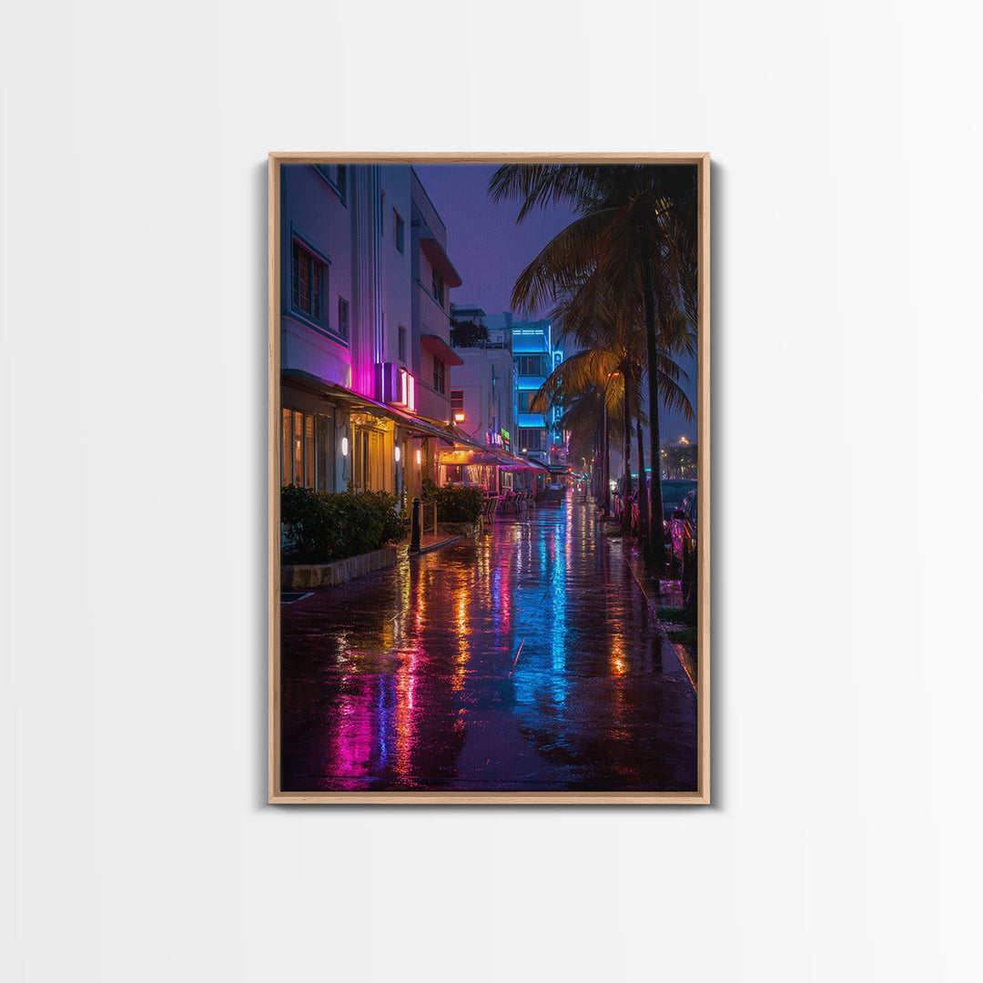 Vibrant Neon Miami Street Nightscape With Palm Trees Digital Wall Art Canvas Print For Chic Living Room Home Decor