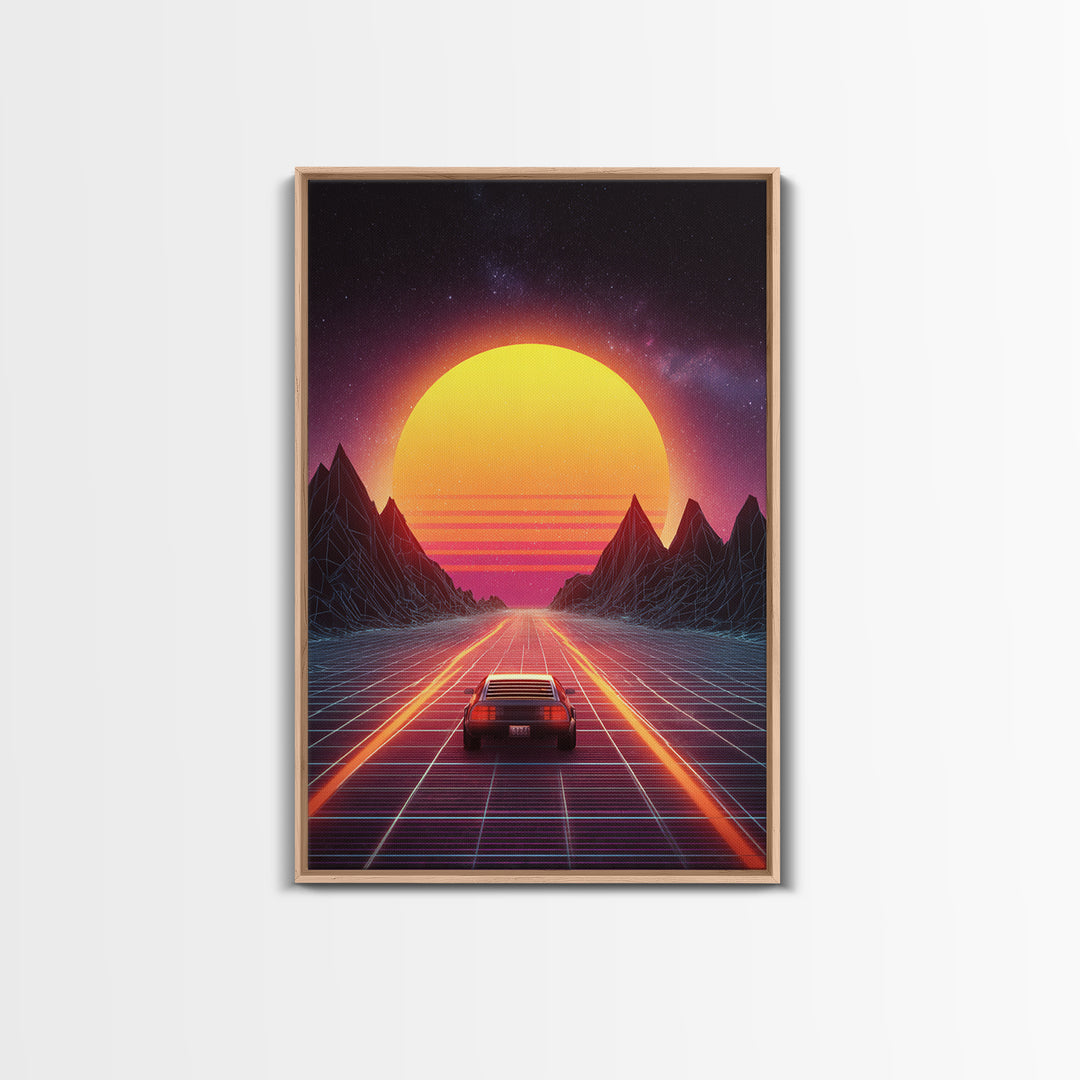 Vibrant Retro Futuristic Road Landscape Canvas Print With Neon Sunset And Car Driving Through Digital Mountains