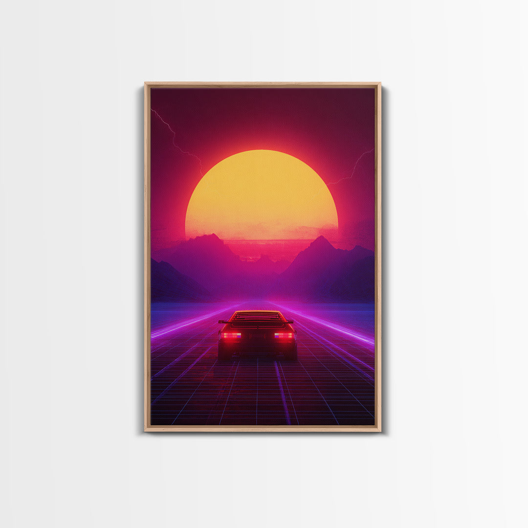 Synthwave Retro Neon Landscape With Sports Car And Palm Trees Under Glowing Sunset Canvas Print For Vaporwave Wall Art And Modern Decor
