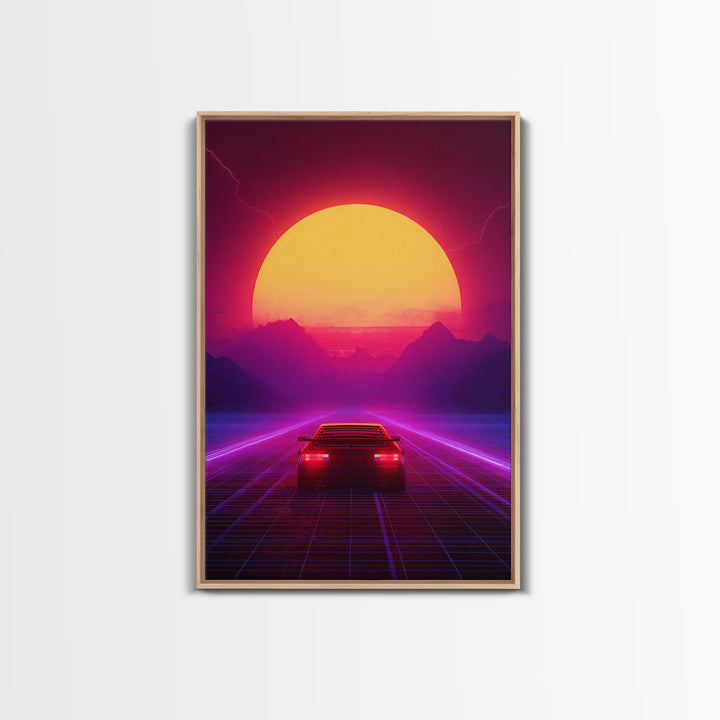 Synthwave Retro Neon Landscape With Sports Car And Palm Trees Under Glowing Sunset Canvas Print For Vaporwave Wall Art And Modern Decor