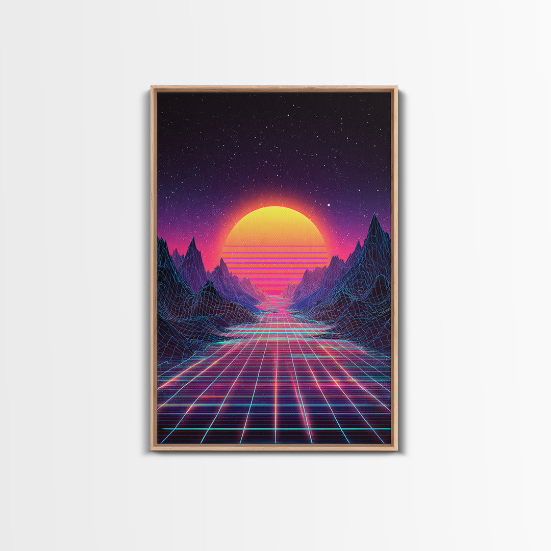 Retro Neon Landscape With Glowing Sun And Grid River Abstract Digital Wall Art Canvas Print For Modern Room