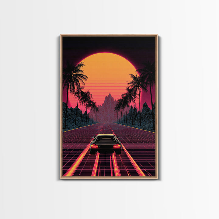 Retro Futuristic Neon Sunset Road With Laser Grid And Sports Car Canvas Print For Modern Wall Art Cyberpunk Decor And Gaming Room Decor
