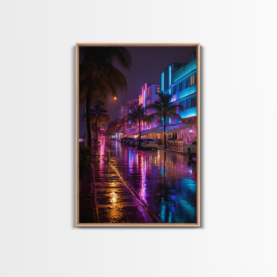 Neon City Street Rain Reflection Wall Art Vibrant Urban Nightscape Canvas Print For Modern Home Decor