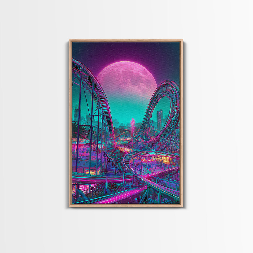 Vibrant Retro Futuristic Roller Coaster Scene With Neon Pink Moon Wall Art Canvas Print For Gamers Room Decor