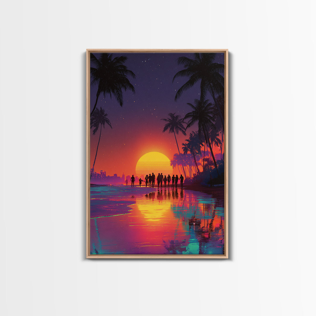 Modern Vibrant Sunset Beach Scene With People Silhouettes Wall Art Framed Canvas Print For Coastal Home Decor
