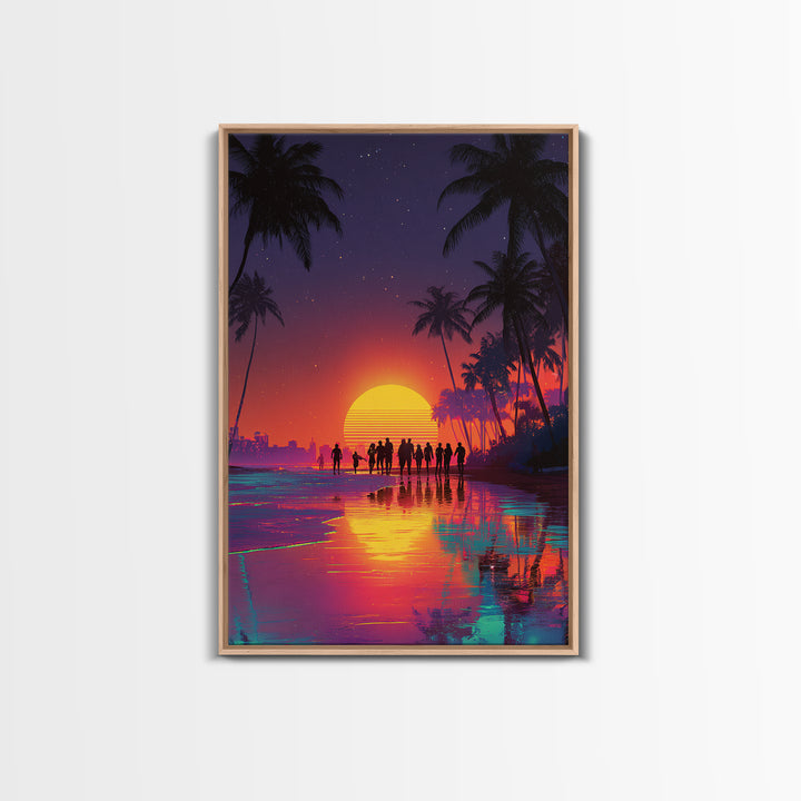 Modern Vibrant Sunset Beach Scene With People Silhouettes Wall Art Framed Canvas Print For Coastal Home Decor