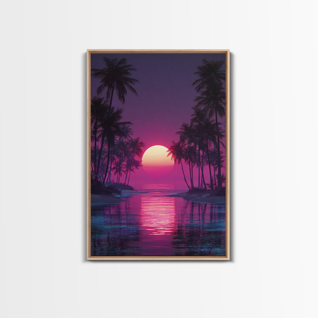 Gentle Pink Purple Tropical Sunset Over Calm Ocean With Palm Trees Wall Art For Relaxing Bedroom Decor