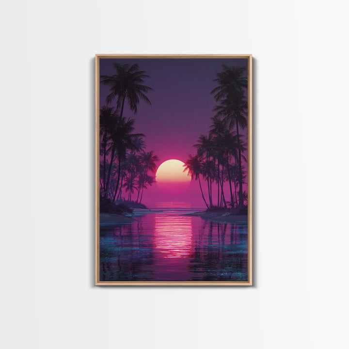 Gentle Pink Purple Tropical Sunset Over Calm Ocean With Palm Trees Wall Art For Relaxing Bedroom Decor
