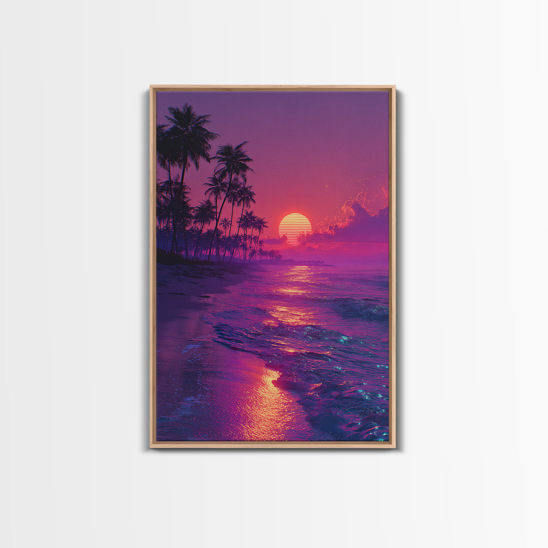 Vibrant Retro Sunset Beach Scene With Palm Trees Silhouettes Wall Art Canvas Print For Home Decor And Living Room