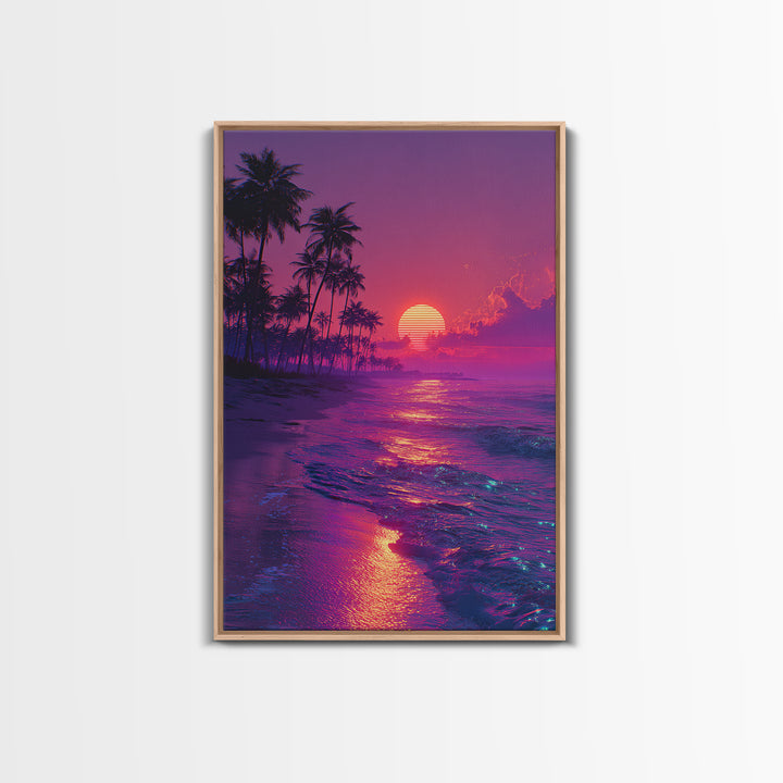 Vibrant Retro Sunset Beach Scene With Palm Trees Silhouettes Wall Art Canvas Print For Home Decor And Living Room