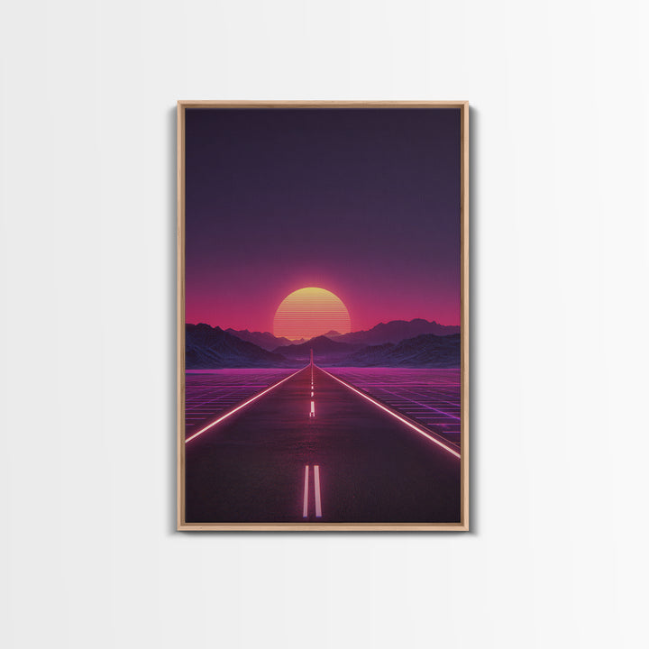 Offbeat Neon Retro Futuristic Road Sunset Digital Art Wall Art Canvas Print Trendy Modern Decor For Bedroom And Office