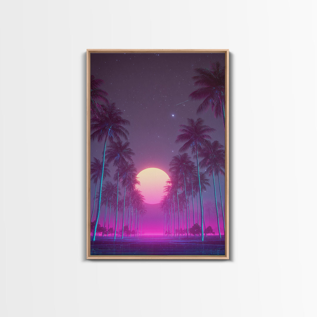 Retro Futuristic Neon Highway Leading To Large Vibrant Sun Over Palm Trees Digital Canvas Print Wall Art