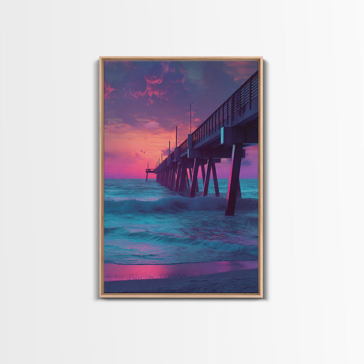 Mystical Purple And Blue Ocean Pier Sunset Wall Art Print For Beach House And Coastal Decor Canvas Print