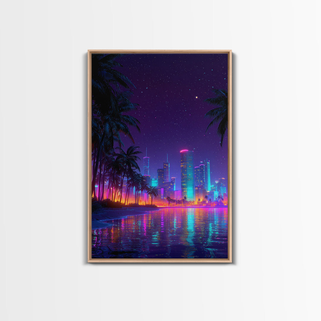 Neon Cityscape At Night With Reflections And Palm Trees Wall Art Framed Canvas Print For Modern Living Room Decor