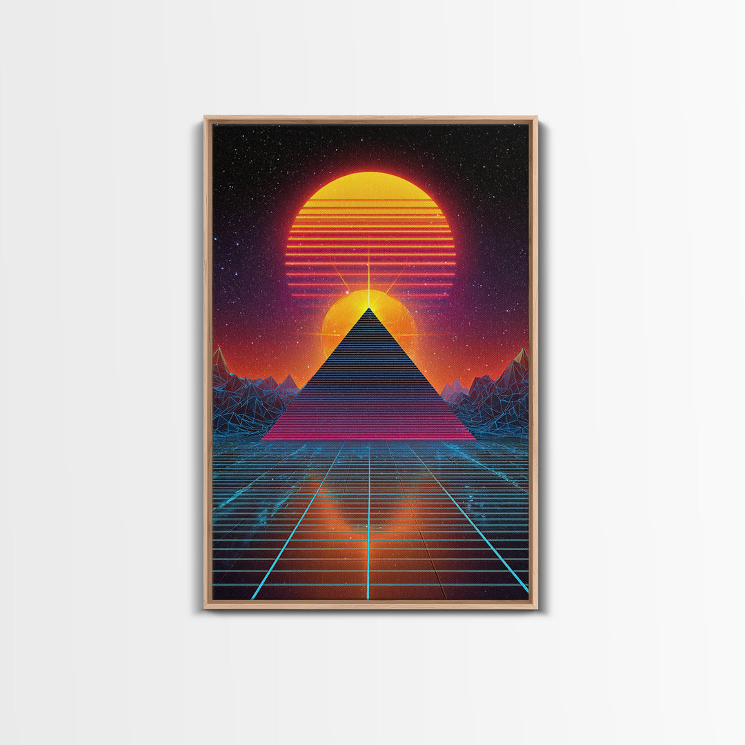 Futuristic Digital Pyramid And Sunset Landscape Sci-Fi Art Print Canvas For Unique Wall Art And Home Decor