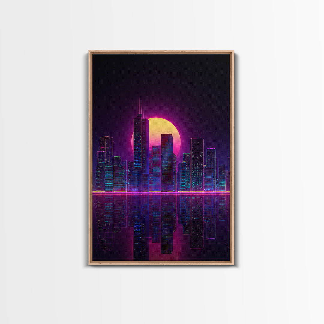 Futuristic Neon Cityscape With Purple And Pink Sunset Sci-Fi Wall Art Framed Canvas Print For Modern Living Room Decor