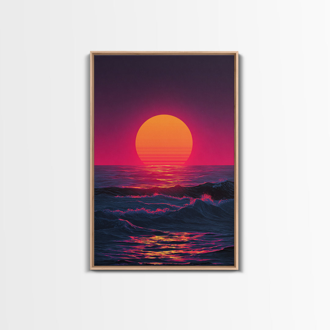 Vibrant Retro Abstract Neon Sunset Over Ocean Waves With Pink And Purple Horizon Wall Art Canvas Print For Bold Home Decor