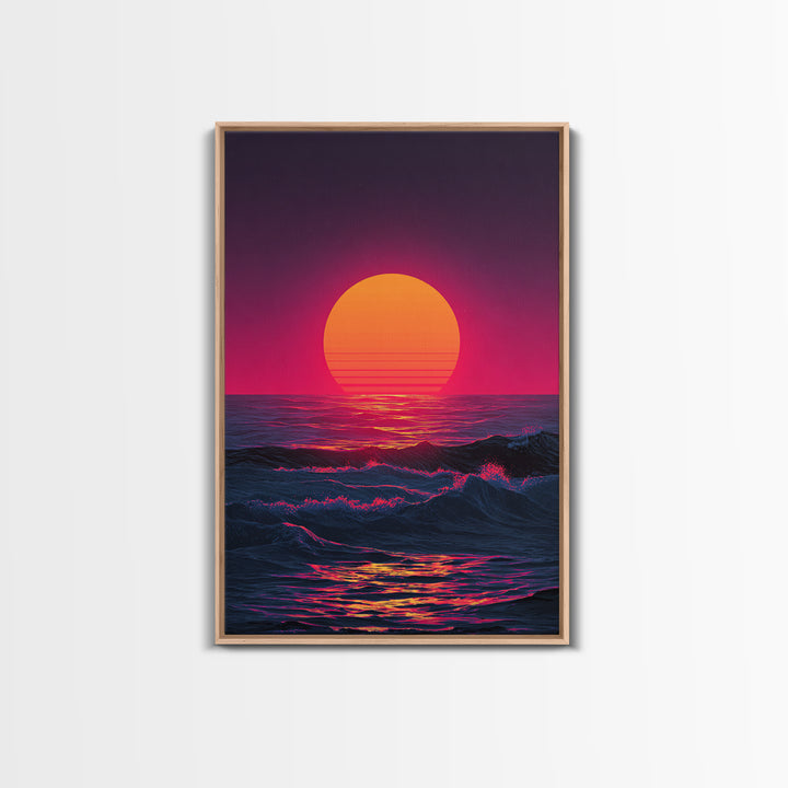 Vibrant Retro Abstract Neon Sunset Over Ocean Waves With Pink And Purple Horizon Wall Art Canvas Print For Bold Home Decor