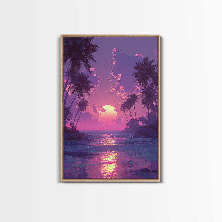 Peaceful Pink Purple Sunset Between Palm Trees Over Gentle Ocean Waves Framed Canvas Print For Home