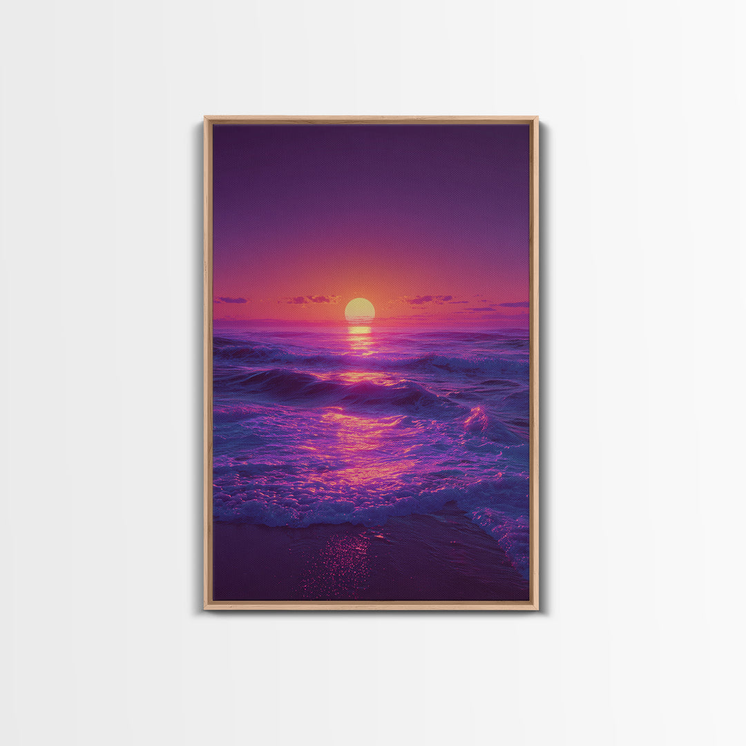 Surreal Ocean Sunset With Deep Purple And Pink Hues Canvas Print For Bedroom Wall Art And Coastal Home Decor