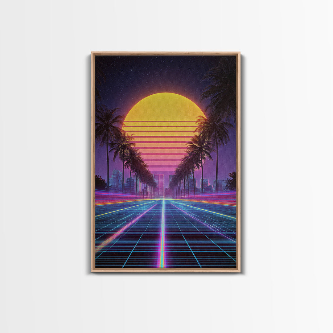 Retro Sunset Over Neon Cityscape With Palm Trees Digital Wall Art Framed Canvas Print Modern Wall Decor