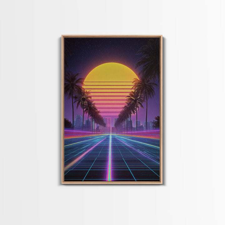 Retro Sunset Over Neon Cityscape With Palm Trees Digital Wall Art Framed Canvas Print Modern Wall Decor