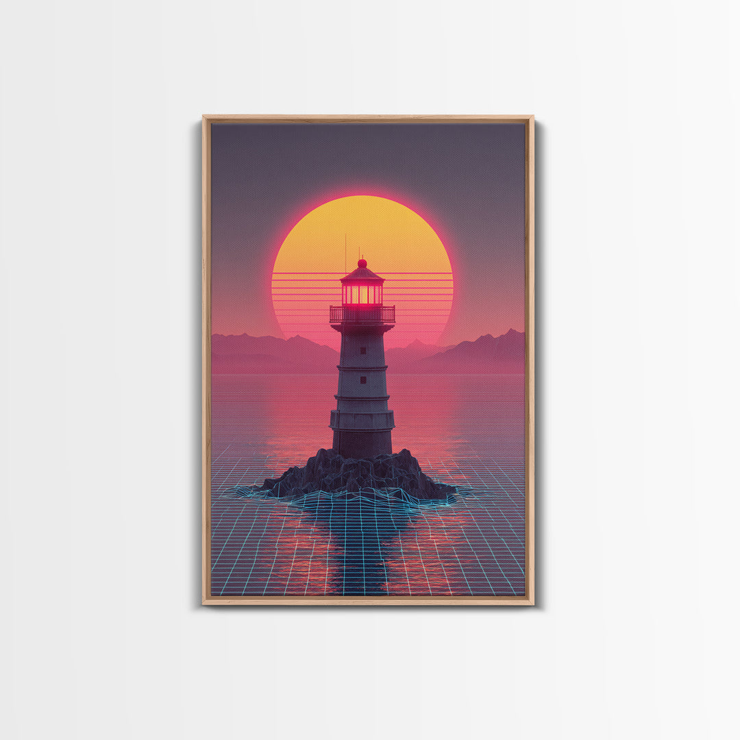 Retro Futuristic Neon Sunset Lighthouse Cityscape Digital Art Vibrant Large Wall Art Framed Canvas Print Modern Decor