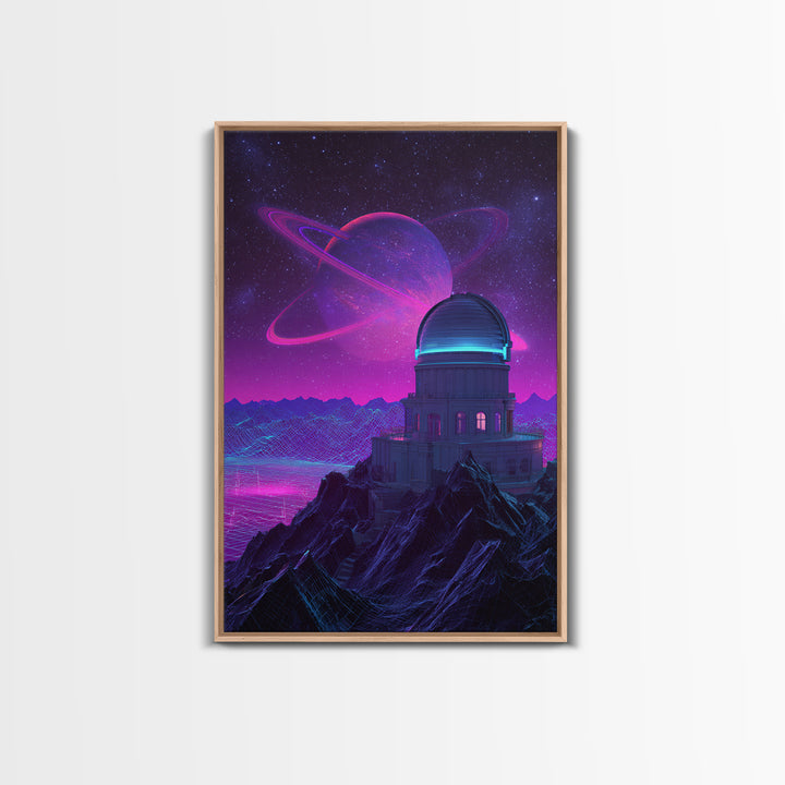 Futuristic Neon Space Observatory With Glowing Planet Against Starry Sky Wall Art Canvas Print For Sci Fi Decor