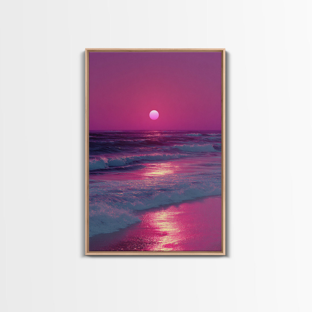 Vibrant Pink Sunset Over Ocean Waves With Reflective Light Coastal Wall Art Canvas Print For Beach House
