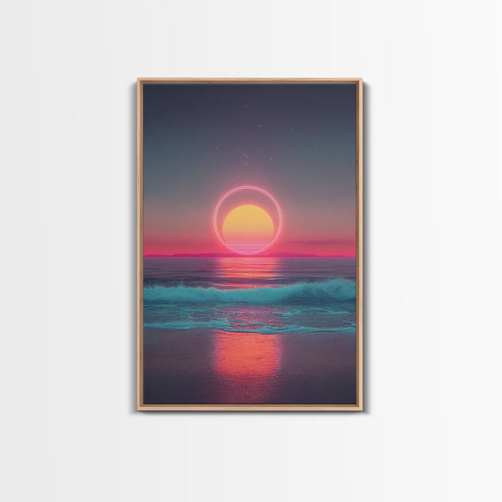 Digital Neon Sunset Ocean With Circular Glow Abstract Waves Modern Wall Art Large Framed Canvas Print Coastal Decor