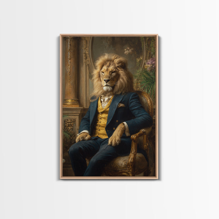 Noble Lion In Blue Suit On Gilded Throne Canvas Print, Regal Animal Wall Art, Luxury Maximalist Office Decor Gift For Him