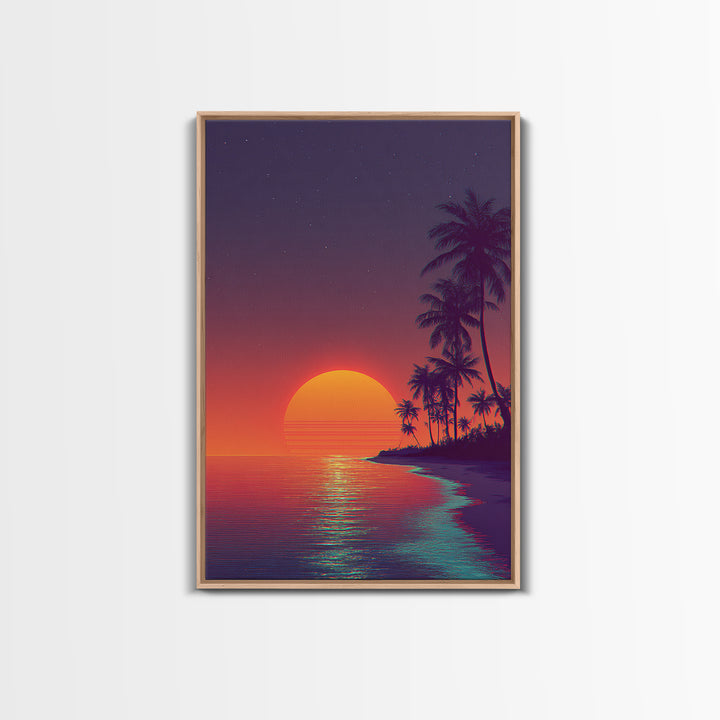 Vibrant Retro Sunset Over Tropical Beach Digital Artwork Modern Wall Art Framed Canvas Print Coastal Home Decor