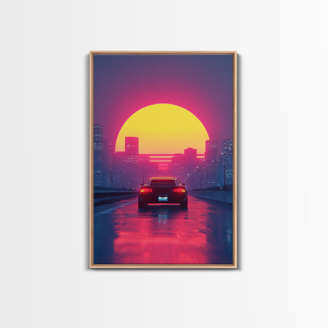 Retro Futuristic Neon Cityscape With Classic Car Sunset Wall Art Canvas Print Gaming Room Decor Modern Urban Art