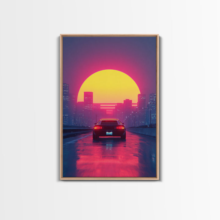 Retro Futuristic Neon Cityscape With Classic Car Sunset Wall Art Canvas Print Gaming Room Decor Modern Urban Art