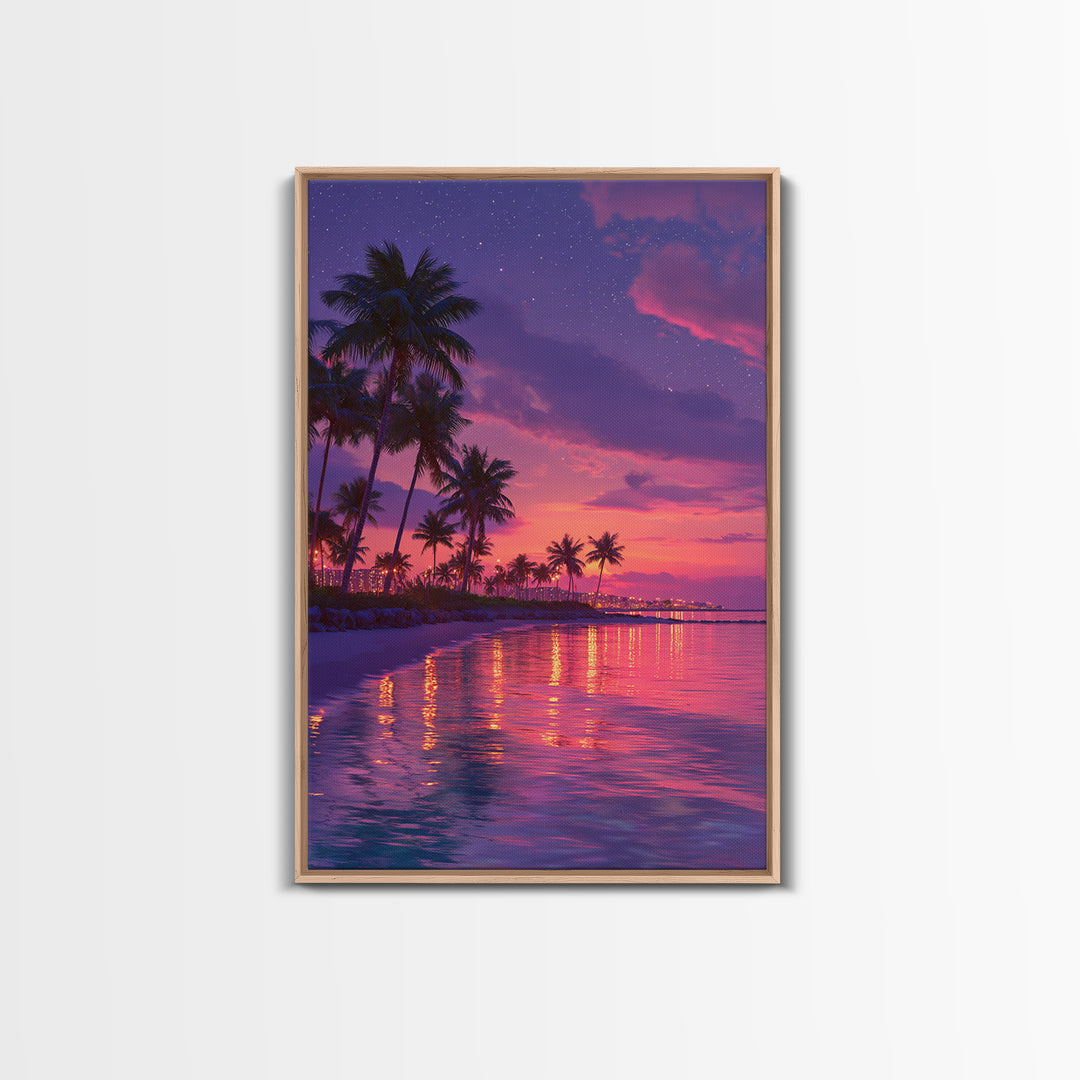 Vibrant Miami Beach Twilight With Palm Trees And City Lights Wall Art Print Canvas Wall Art Coastal Home Decor Gift For Beach Lovers