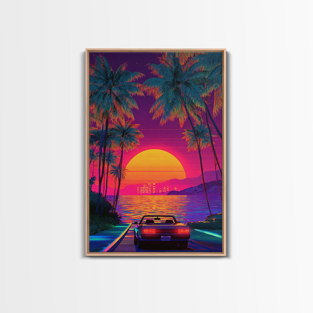 Retrowave Neon Sunset With Palm Trees And Convertible Car Canvas Print For Modern Wall Art Coastal Home Decor
