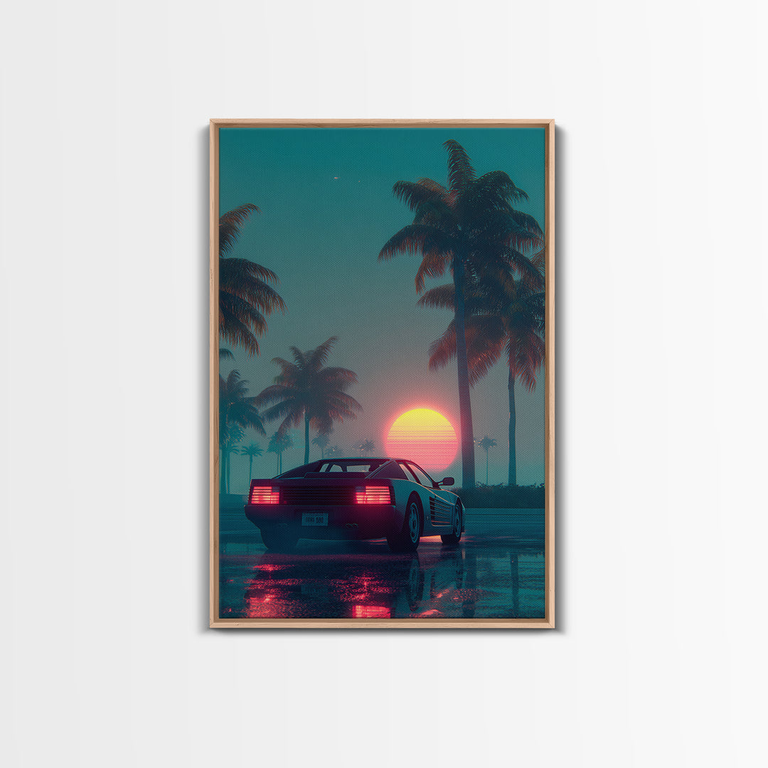 Retro Futuristic Car At Sunset Surrounded By Palm Trees With Neon Glow Vibrant Digital Art Canvas Print