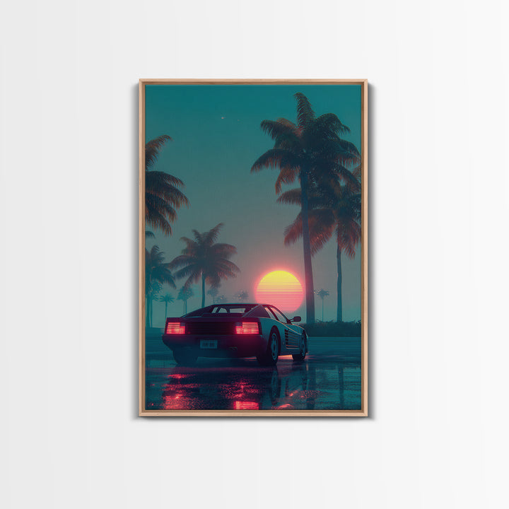 Retro Futuristic Car At Sunset Surrounded By Palm Trees With Neon Glow Vibrant Digital Art Canvas Print