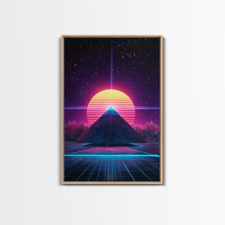 Retro Futuristic Neon Pyramid With Sun And Stars Canvas Print Modern Wall Art For Sci Fi Home Decor And Office