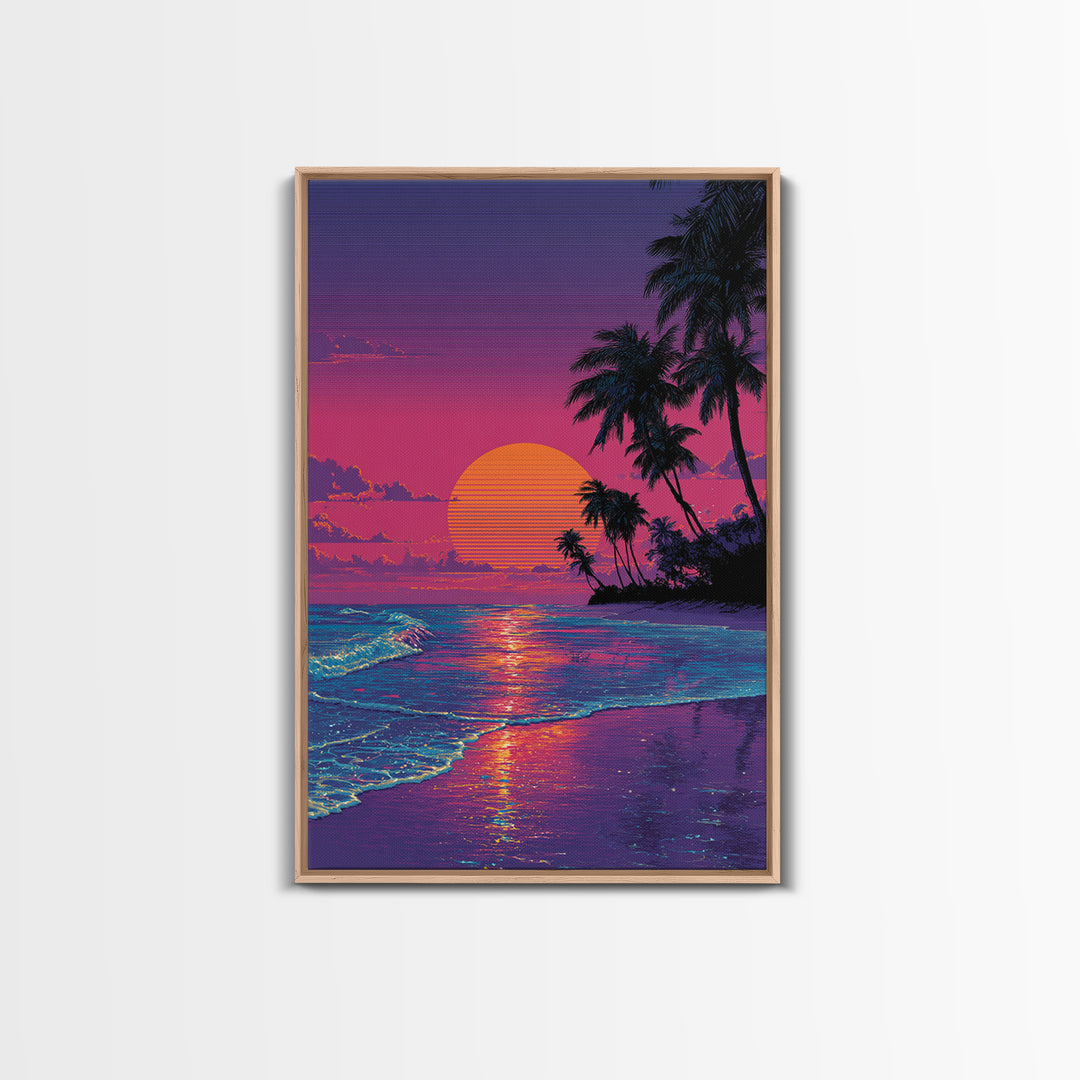 Digital Tropical Beach Sunset Wall Art Vibrant Retro Canvas Print For Coastal Living Room Decor And Relaxing Home Vibes